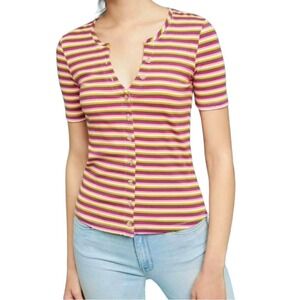 Anthropologie MAEVE Striped Henley Button Down T-Shirt. Size Large Petite